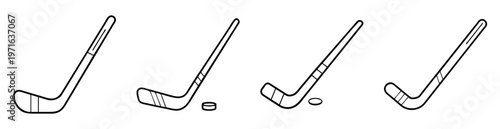 Four hockey sticks and pucks line art sports equipment illustration
