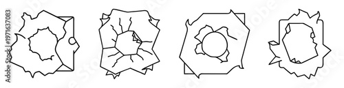 Four stylized drawings of shattered glass within square shapes in black and white