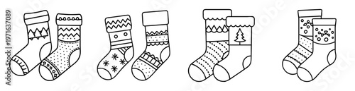 Hand drawn outlined pairs of Christmas stockings with unique designs