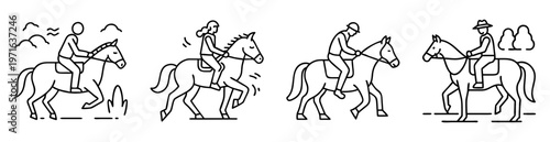 Four horse riders in different styles on horses, outlined icons