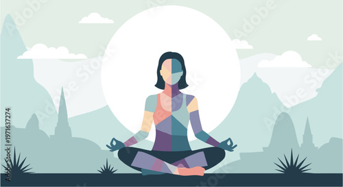 A serene woman meditates in the lotus position amidst a tranquil mountain landscape, embodying peace, mindfulness, and spiritual well-being.