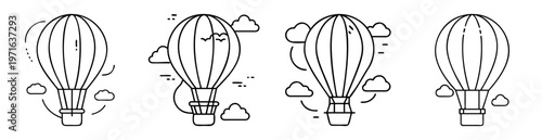 Four hot air balloons floating among the clouds in a simple line drawing