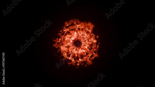 Cinematic fiery shockwave explosion with intense orange flames, glowing heat energy and radiating particles bursting outwards on a black background, perfect for action movie trailers and visual effect