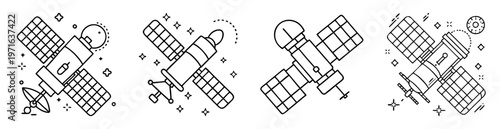 Four Satellite Black and White Icons in Space with Stars and Planets