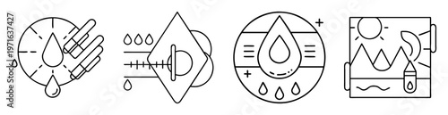 Set of four conceptual line art icons representing water related processes