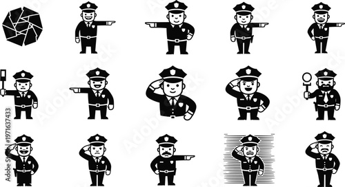 Police cartoon icons, officer silhouette set, law enforcement illustration, policeman salute, detective magnifying glass, angry officer, pointing gesture design