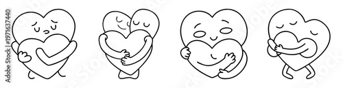 Line art of four heart characters expressing different emotions in black and white