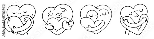 Cartoon hearts hugging themselves with different emotions, love and selfcare concept