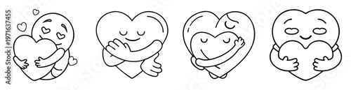 Four adorable heart character illustrations with hugging, love, and tenderness elements