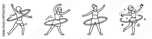 Line art illustration showcasing various poses of women using hula hoops