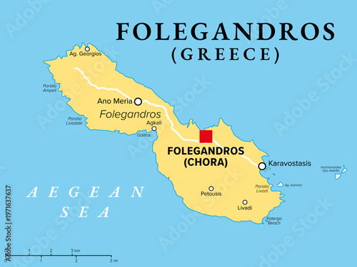 Folegandros, Greek island, political map. Small Greek island in the Aegean Sea, and part of the southern Cyclades, with three small villages Chora, Karavostasis, and Ano Meria. Illustration. Vector