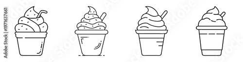 Four ice cream cups with soft serve designs in a cartoon style