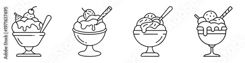 Four different ice cream sundaes black and white line art vector illustration