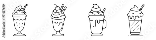 Black and white line art illustration of four sweet milkshakes