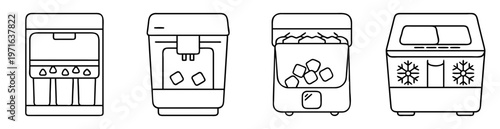 Four different types of ice makers and water filters in simple outline