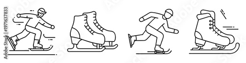 Linear vector illustration of two figure skaters and pairs of ice skates