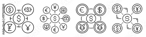 Stylized depictions of currency exchange networks including dollars, euro and yen