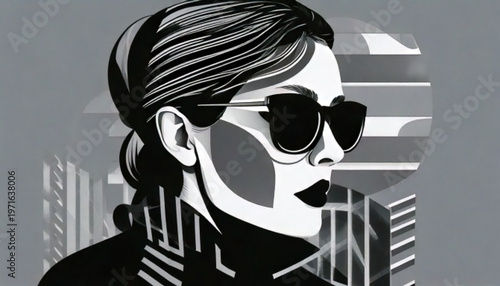 Stylish woman with sunglasses and braided hair in grayscale portrait.