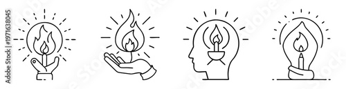 Minimalist line art icons representing concepts of inspiration and enlightenment