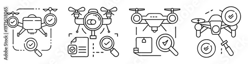 Drone verification and approval icon set depicting inspection and quality control