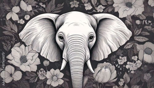 Detailed illustration of an elephant head with large ears.