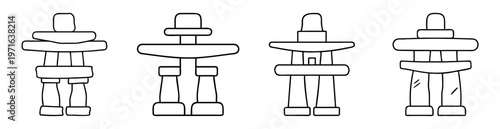 Black and white line art drawing of four different shaped Inukshuk