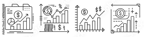 Vector line drawing of growing business financial charts with dollar sign