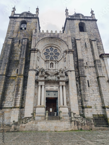 Romanesque facade with rose window and two towers of Porto Cathedral, Porto PORTUGAL