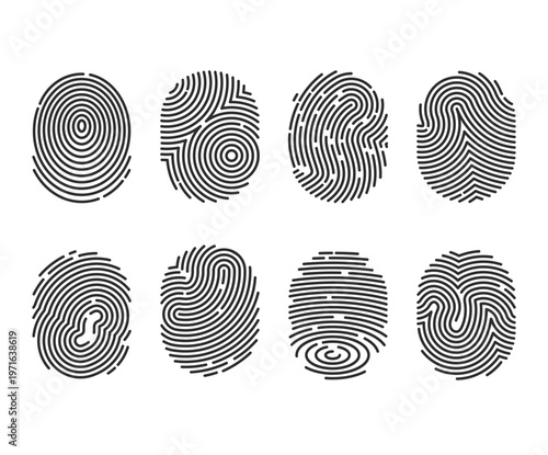 Black detailed fingerprints flat illustration set