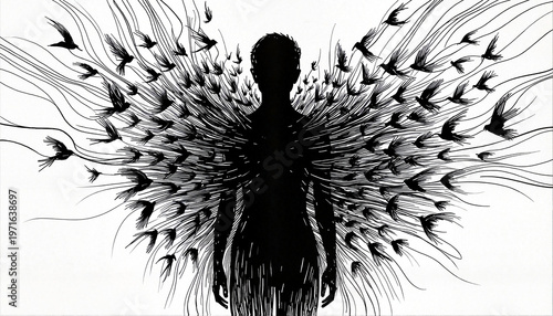 Silhouette of a person with bird wings in abstract black and white  