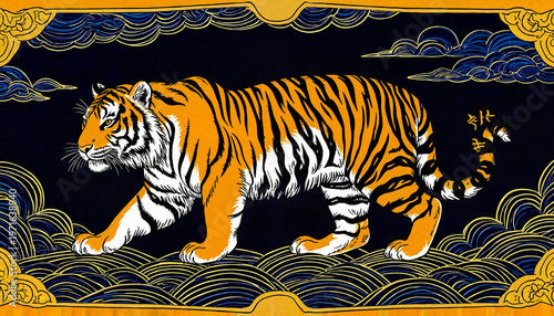 Striped tiger walking through stylized clouds on dark background  
