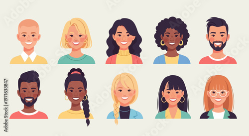 Flat vector illustration of diverse smiling people portraits arranged in two horizontal rows.