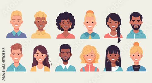 Flat vector illustration of diverse smiling people portraits arranged in two horizontal rows.