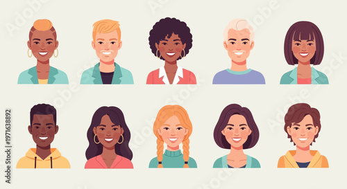 Flat vector illustration of diverse smiling people portraits arranged in two horizontal rows.