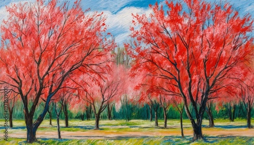 Vibrant red trees in a lush green park during spring season  