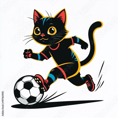 Cartoon black cat playing soccer and running towards a football  