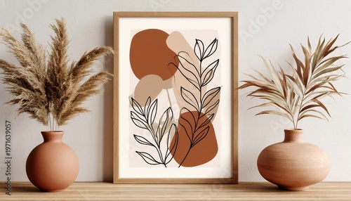Abstract wall art with leaves and shapes in warm earth tones  