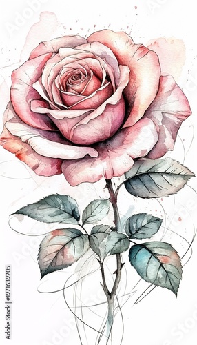 Watercolor illustration of a pink rose with green leaves  