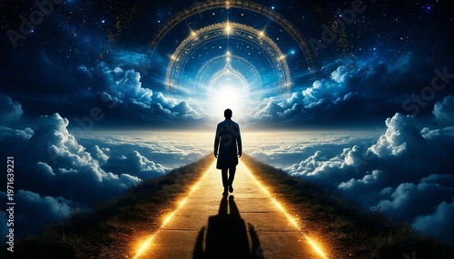 Man walking towards glowing portal in surreal sky at night  