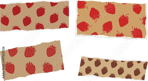 Vintage strawberry pattern washi tape set, torn brown kraft paper strips with red berry illustrations, rustic scrapbooking decorative elements