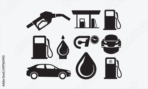 Fuel icon set. Gas station and engine oil symbol. Silhouette Vector illustration