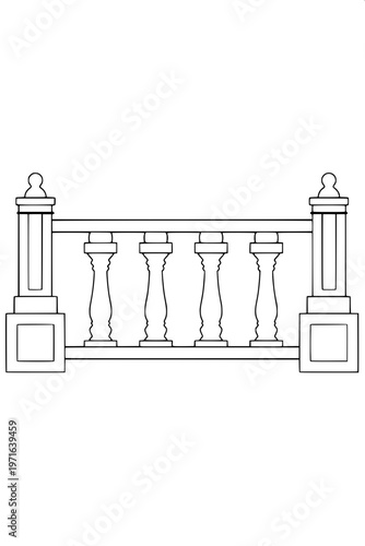 “Black silhouette of classic balcony railing with decorative balusters, symmetrical design, solid fill, isolated on white background, vector style”