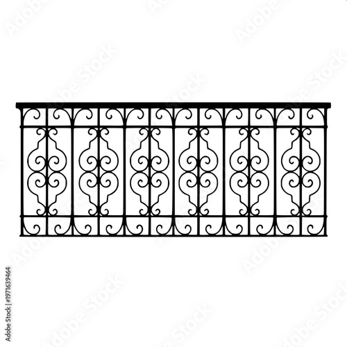 “Black silhouette of classic balcony railing with decorative balusters, symmetrical design, solid fill, isolated on white background, vector style”