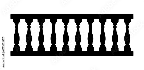 “Black silhouette of classic balcony railing with decorative balusters, symmetrical design, solid fill, isolated on white background, vector style”