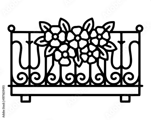 “Black silhouette of classic balcony railing with decorative balusters, symmetrical design, solid fill, isolated on white background, vector style”