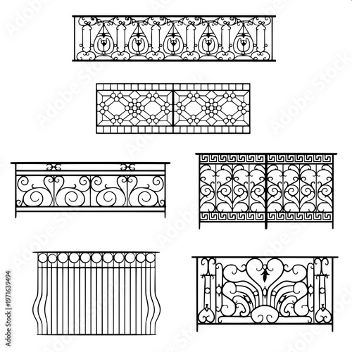 “Black silhouette of classic balcony railing with decorative balusters, symmetrical design, solid fill, isolated on white background, vector style”