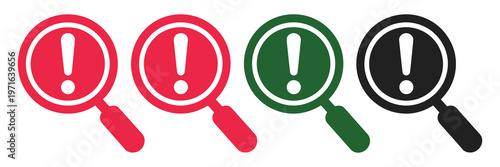 Search icon set with magnifying glass and exclamation mark for alert, query warning and attention symbol collection, search notification and error alert concept icons, discovery and inspection 