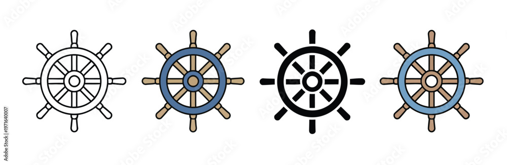 Fototapeta premium Nautical ship steering wheel icon vector representing marine vessel helm and sea navigation controller symbol illustration