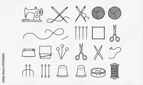 Sewing icon set. Containing needlework, knitting, stitching, fabric, sewing machine, cloth repair, thread, wool, handicraft and more. Editable line icons