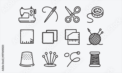Sewing icon set. Containing needlework, knitting, stitching, fabric, sewing machine, cloth repair, thread, wool, handicraft and more. Editable line icons